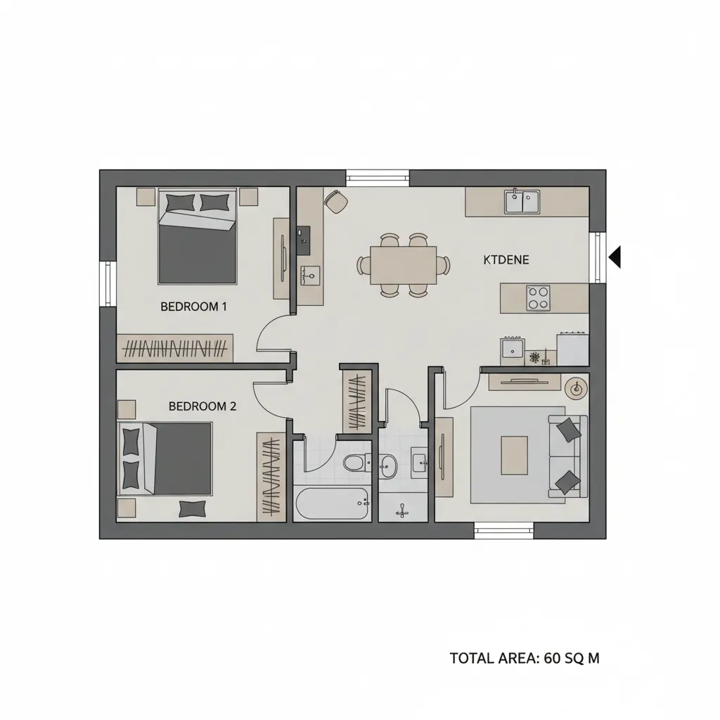 Planta Baixa: Plantas de Casas 60m2 com 2 Quartos Bem Planejadas