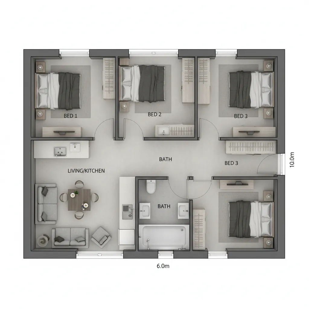 Planta de Casa 6x10 com 3 Quartos: Layout Funcional