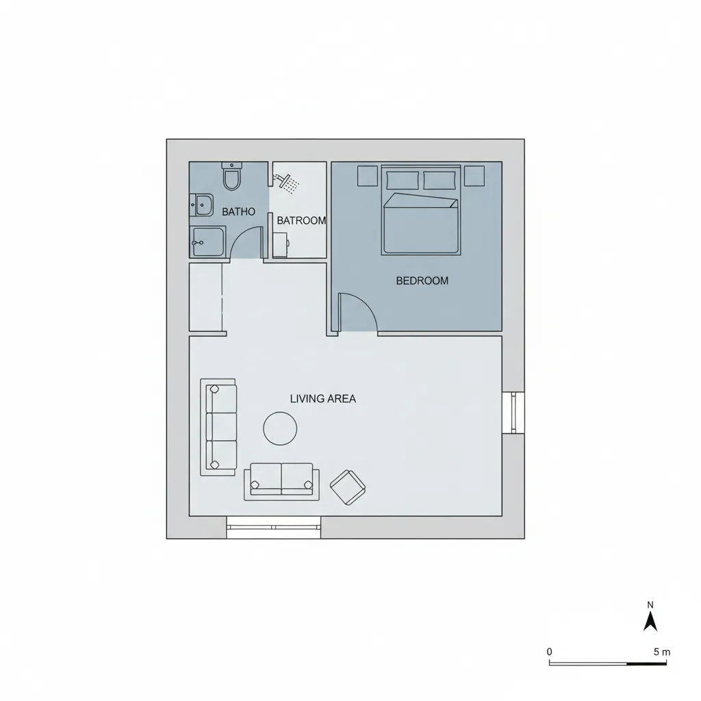 planta 6x5 mostrando divisão entre área social e quarto