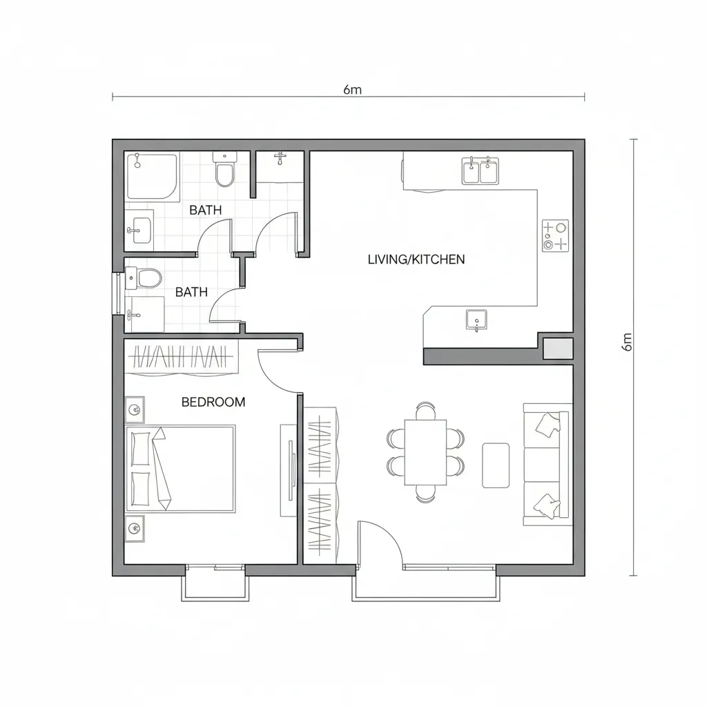 planta baixa casa 6x6 com distribuição de sala cozinha quarto e banheiro