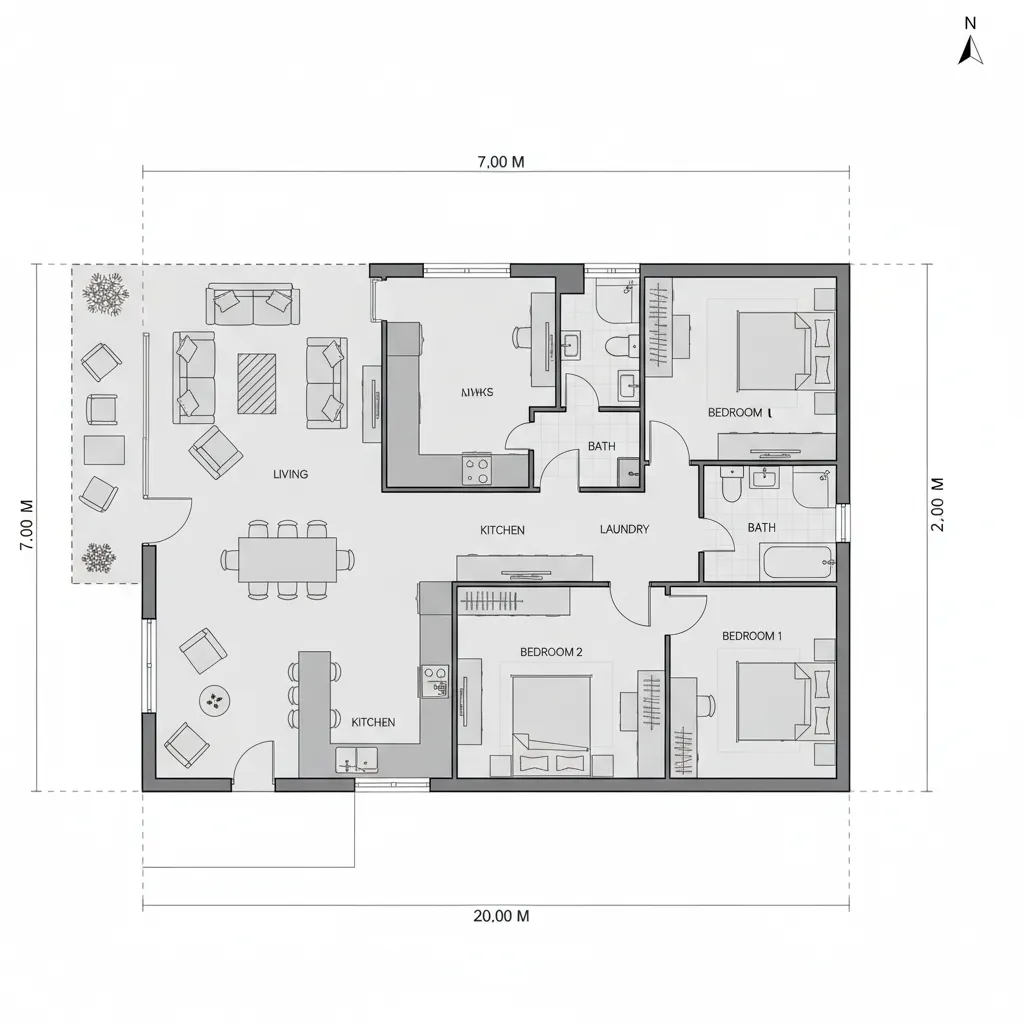 planta baixa casa 7x20 com três quartos e sala integrada