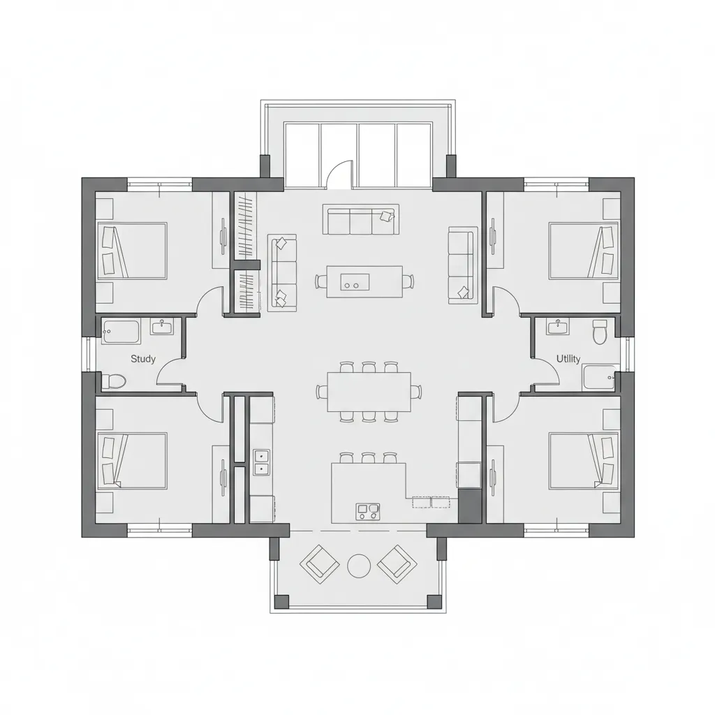 Plano conceptual de distribución de una casa de campo