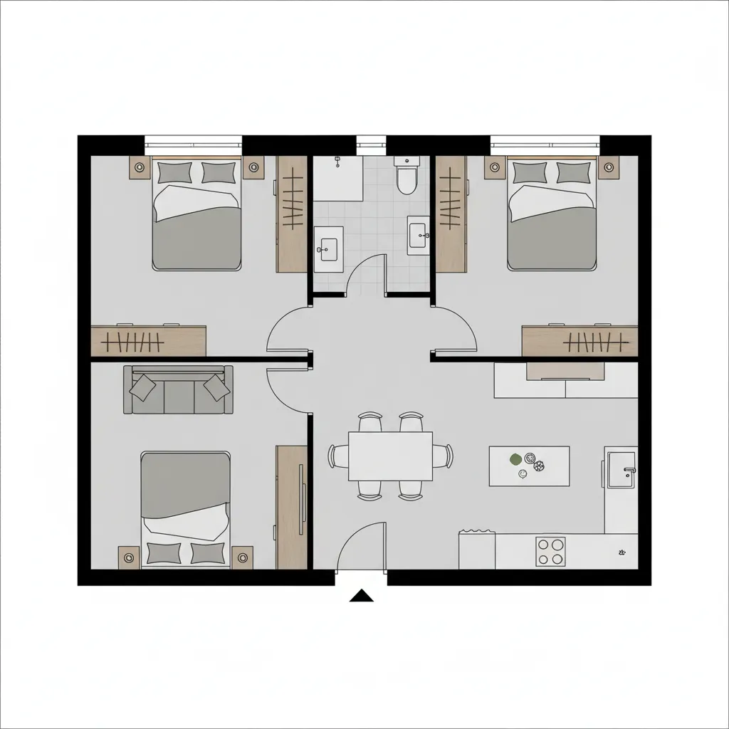 planta baixa compacta com dois quartos banheiro central e sala integrada