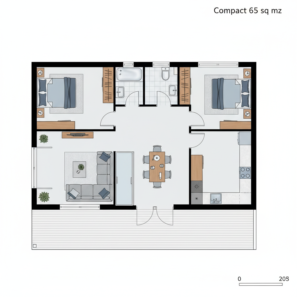 Planta de Casas com Varanda e 2 Quartos
