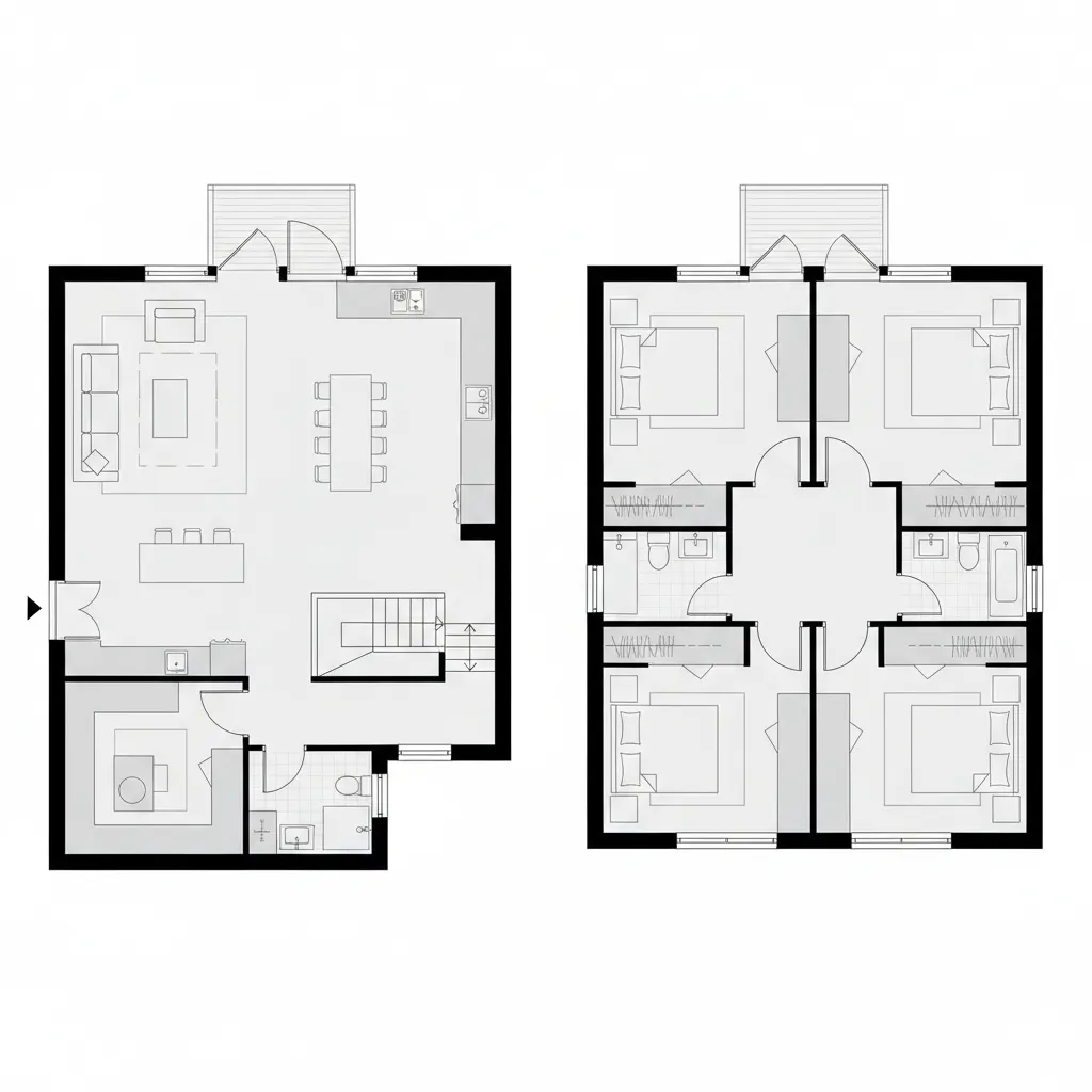 planta baixa mostrando distribuição do térreo e piso superior