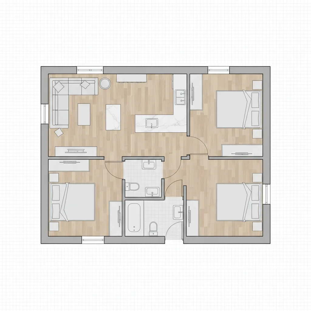 Plano simple de una casa económica con distribución abierta