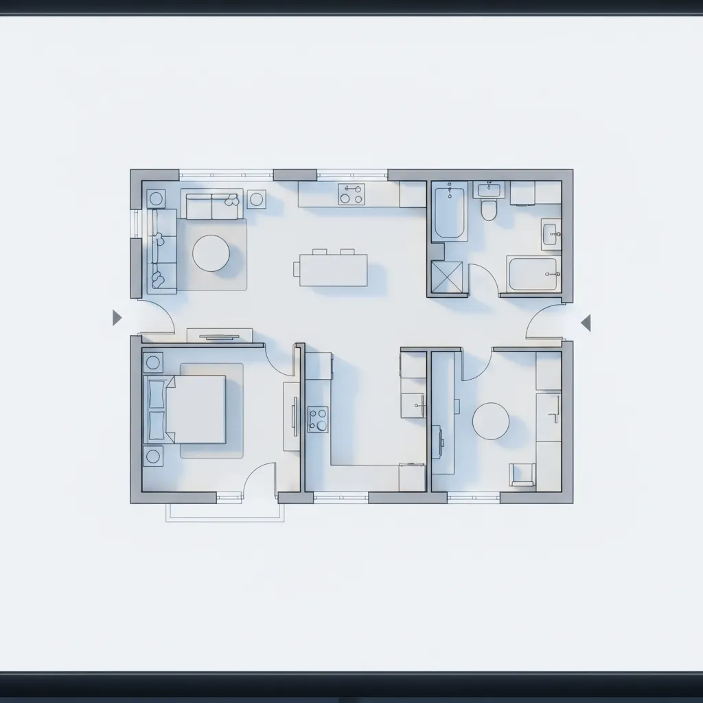 Plano arquitectónico de una casa con distribución compacta y eficiente