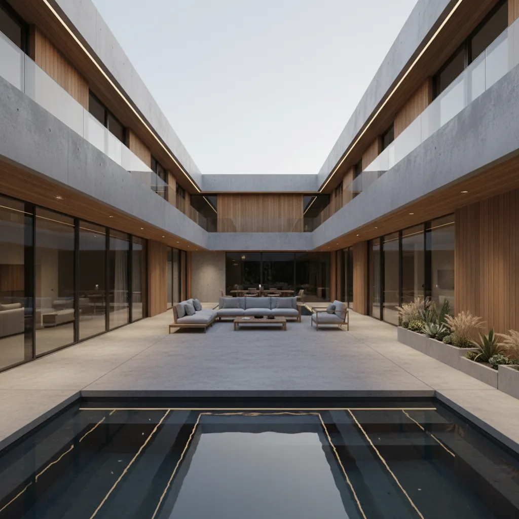 Casa em U com piscina linear no pátio