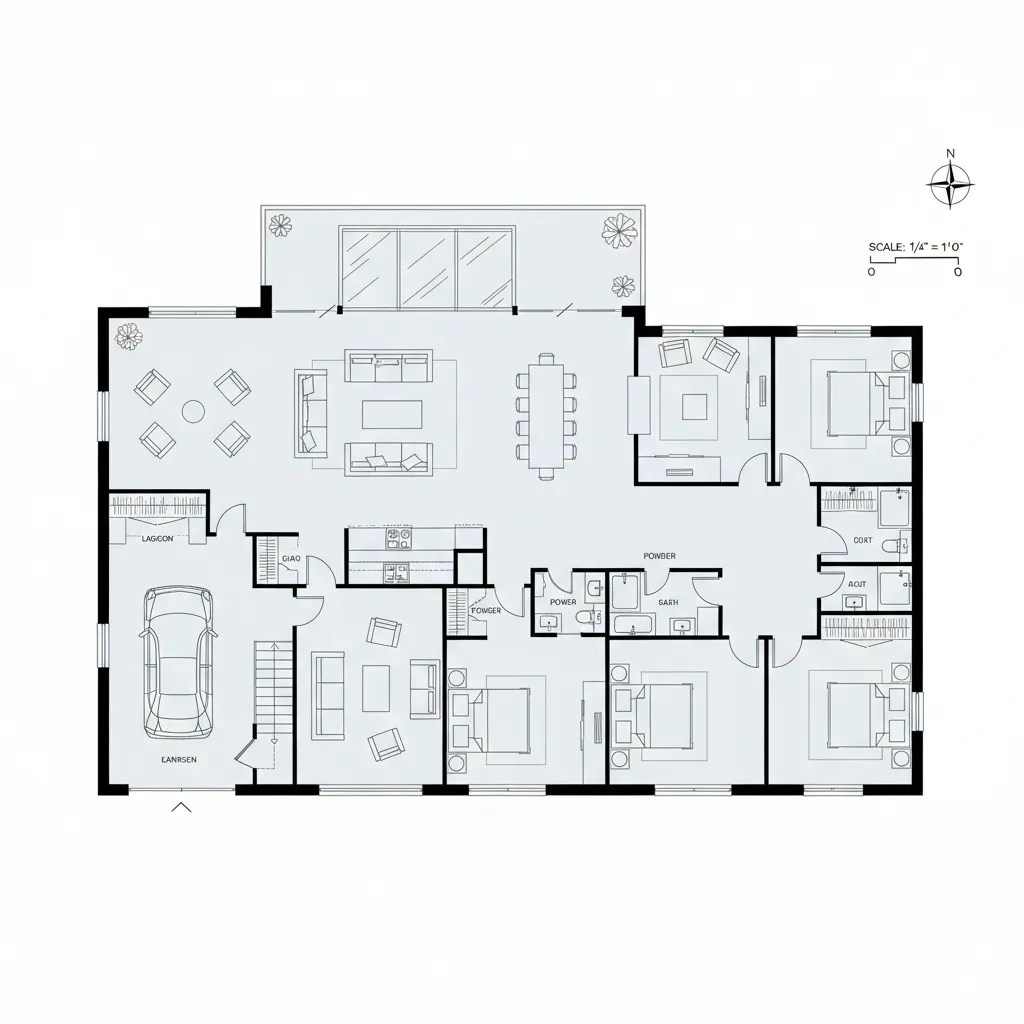 Plano arquitectónico de casa estilo rancho con distribución horizontal