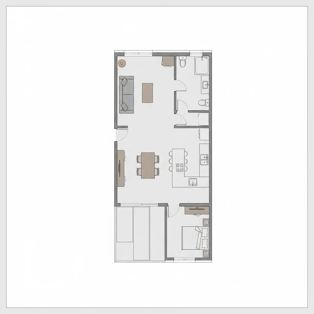 Plano de distribución de una casa pequeña alargada con espacios abiertos