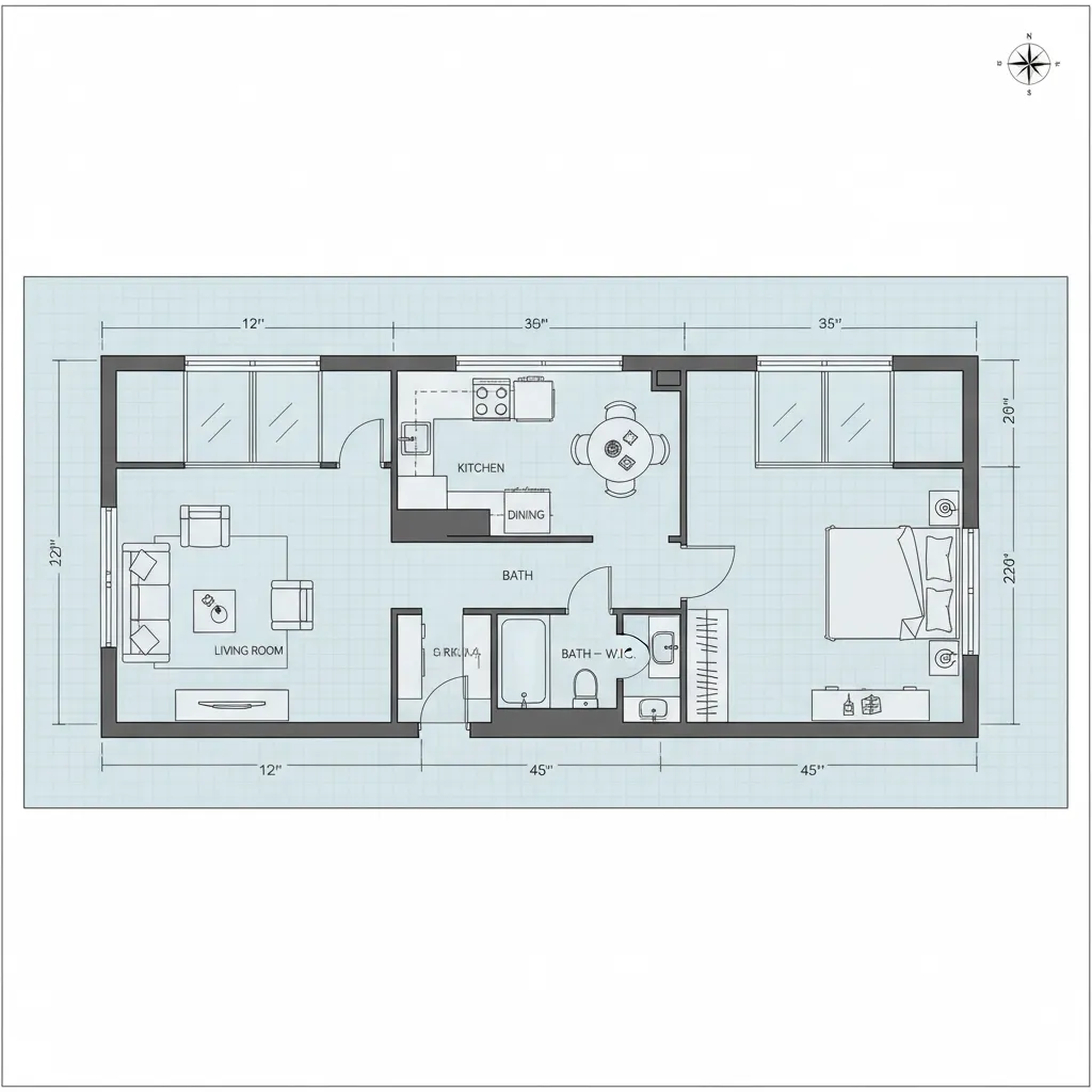 planta de casa estreita com um quarto para terreno pequeno