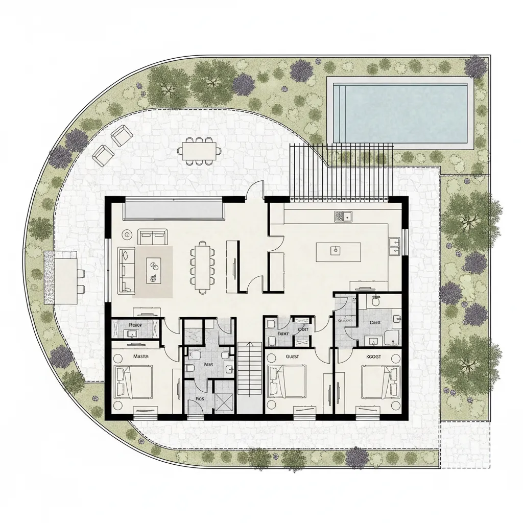 Plano arquitectónico de casa finca con distribución en L