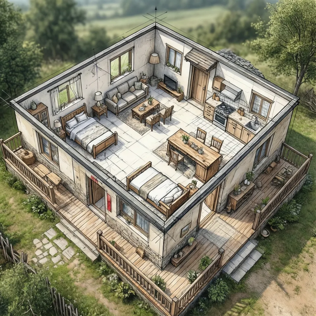 Plano arquitectónico simple de una casa compacta para finca pequeña