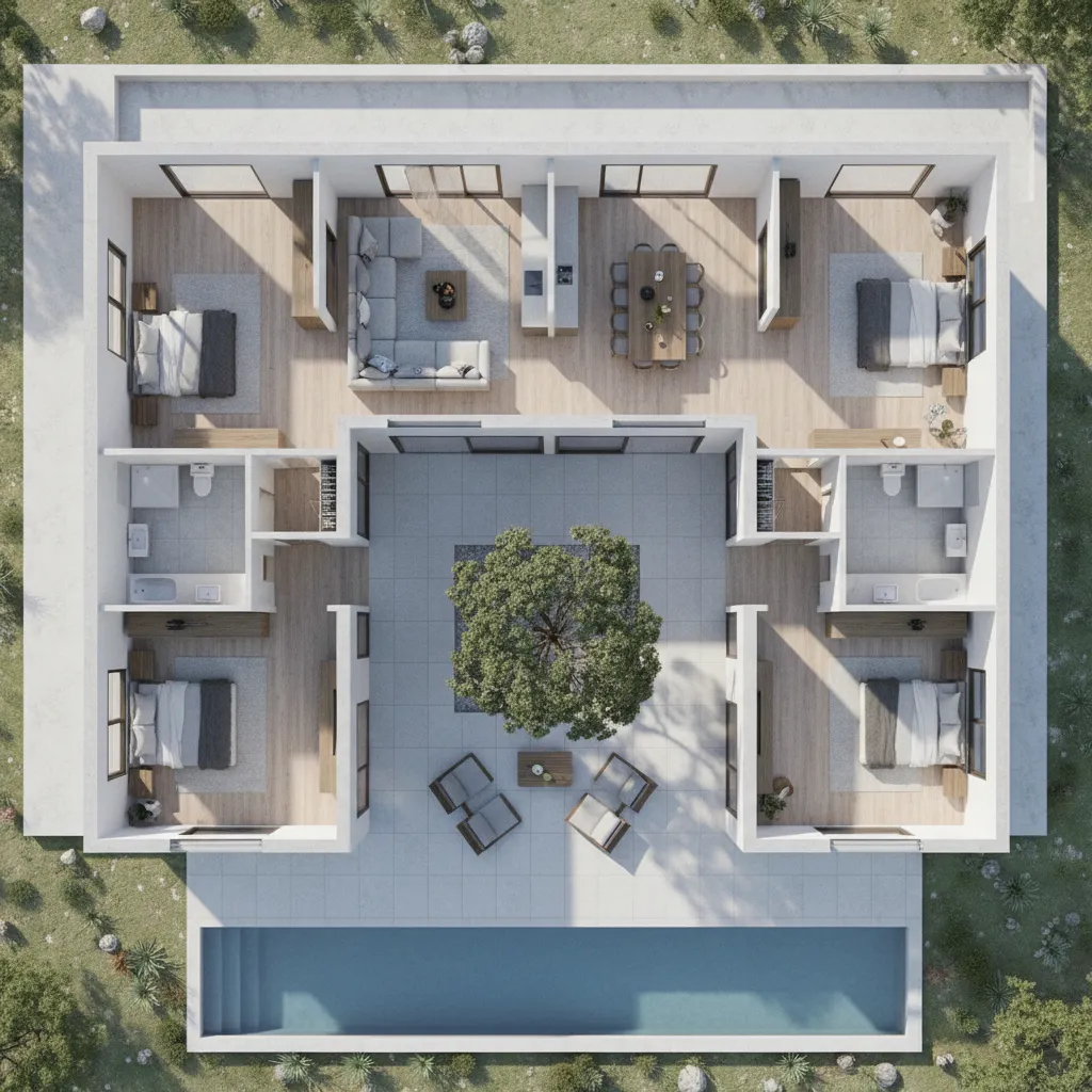 Plano de casa de una planta en forma de L con patio central