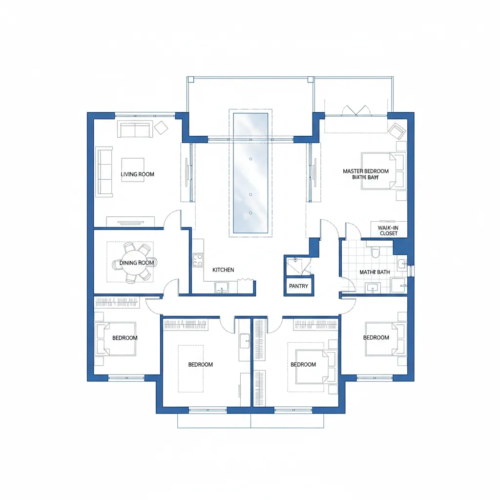 Plano arquitectónico de una casa en forma de U
