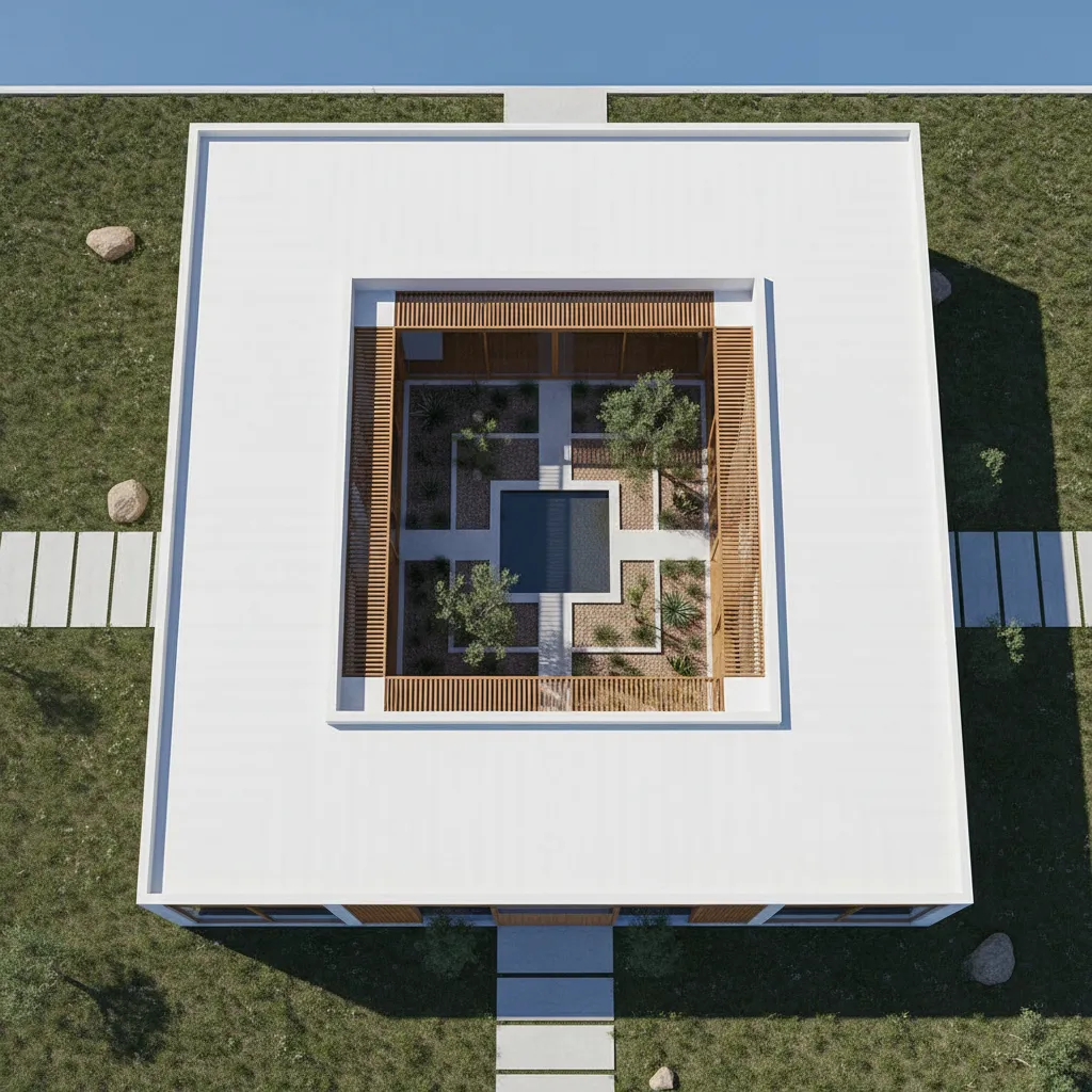 Vista aérea de una casa en forma de U con patio interior ajardinado