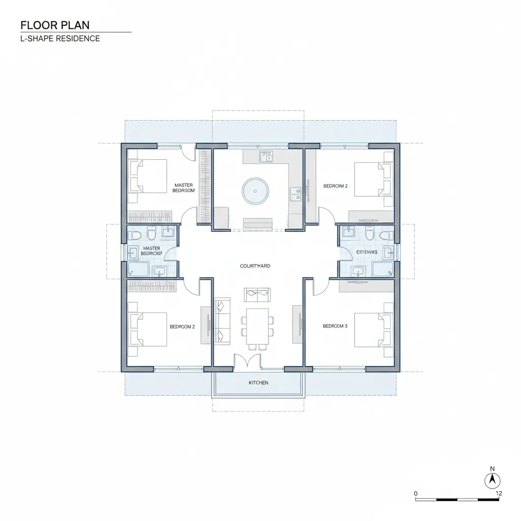 planta de casa térrea em formato L com três quartos