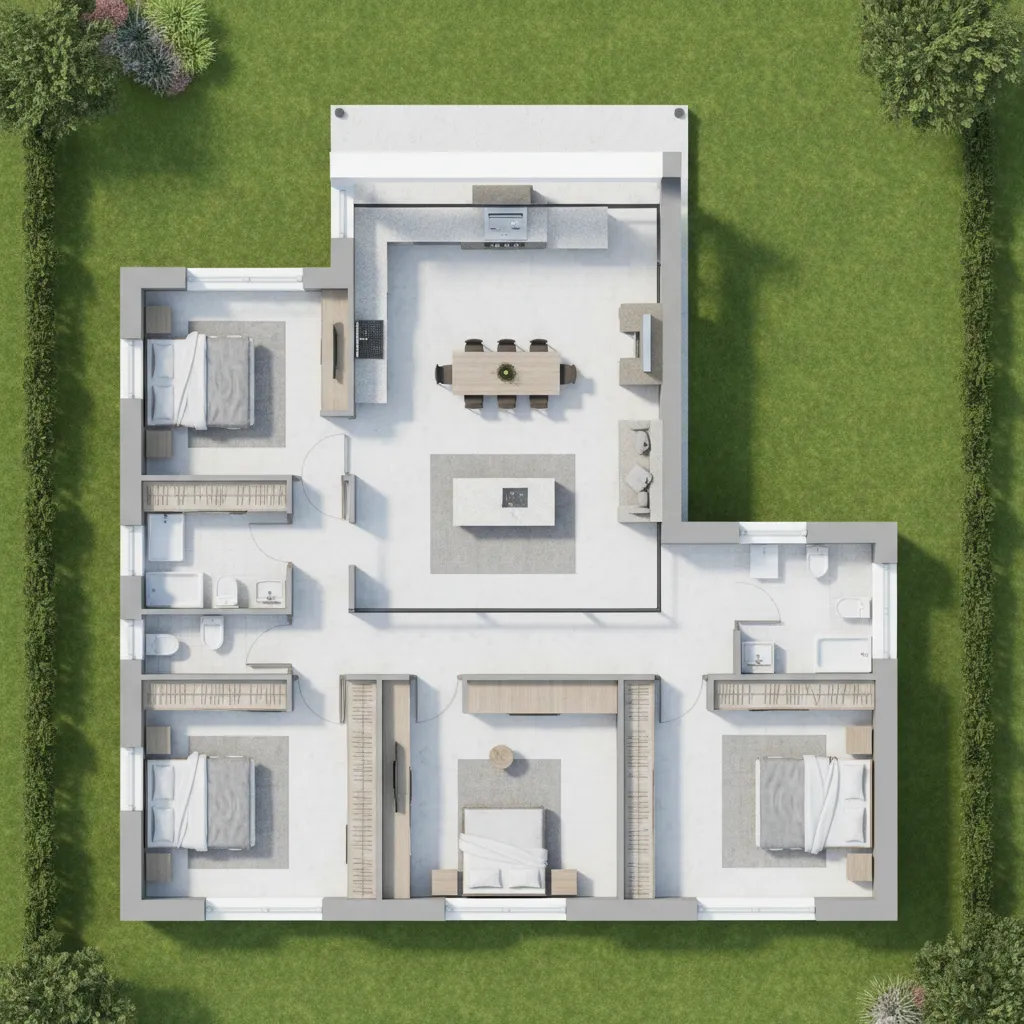 planta de casa em formato L com área gourmet voltada para o quintal