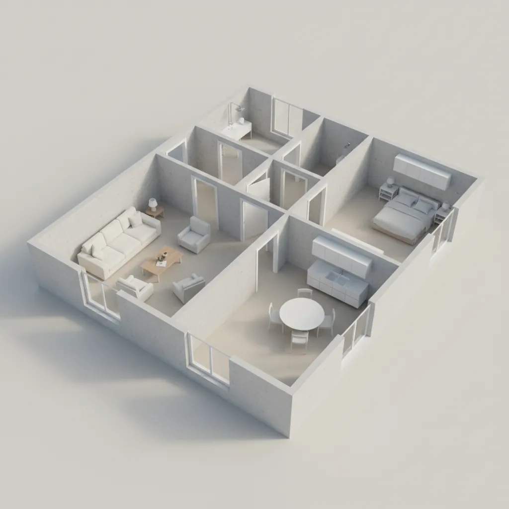 planta de casa simples com divisão de cômodos em modelo 3D