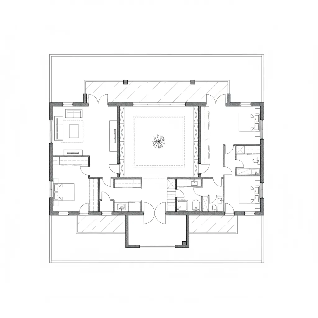 Plano arquitectónico moderno de casa con patio central