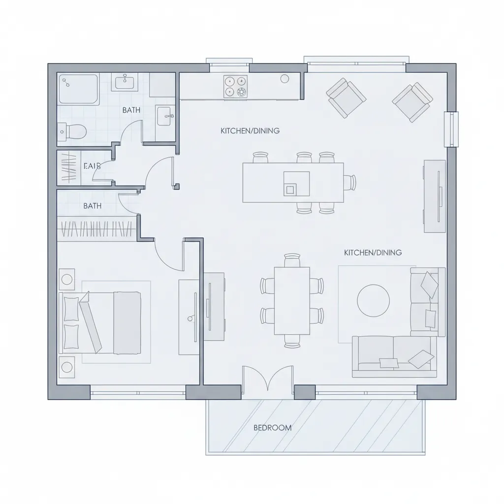 Plano de una casa pequeña con distribución abierta entre cocina, comedor y sala