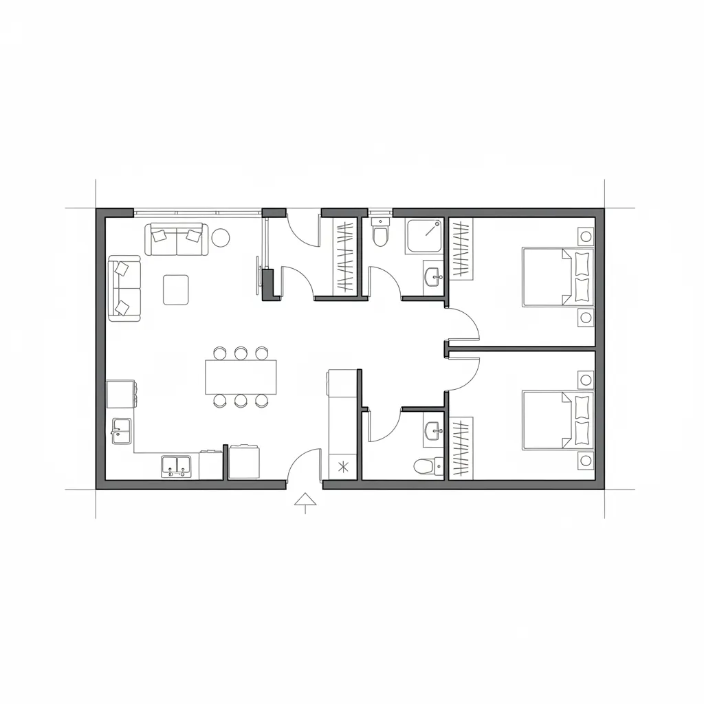 Plano simple de casa pequeña con forma rectangular eficiente