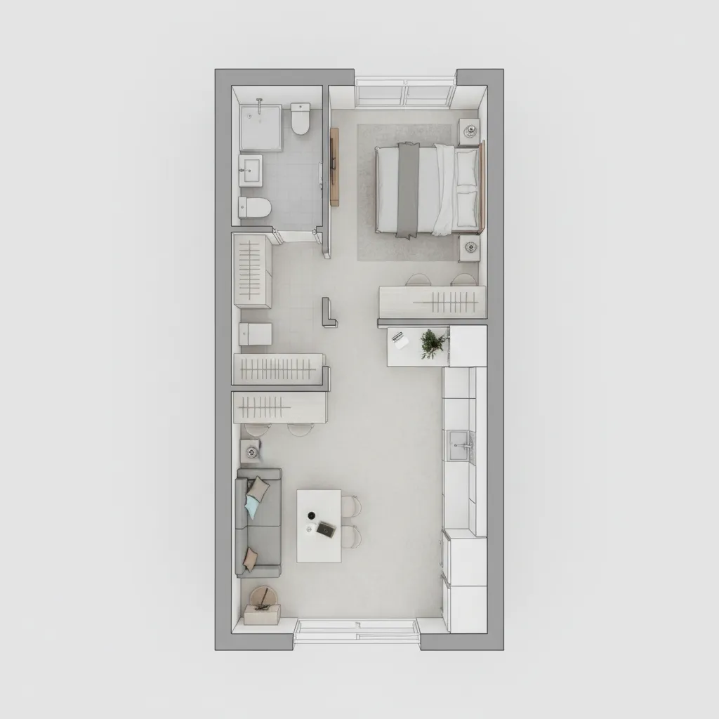 planta de casa pequena com 1 quarto para terreno estreito