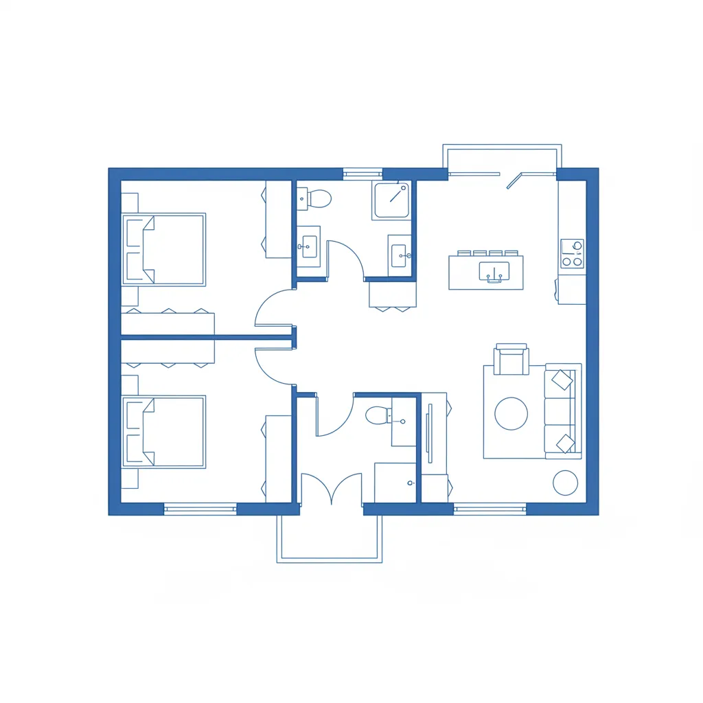 planta simples de casa popular com dois quartos e sala integrada