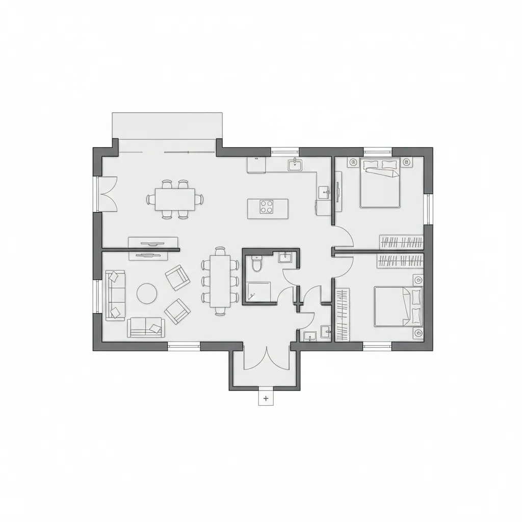 Plano arquitectónico de una casa rectangular con zonas marcadas