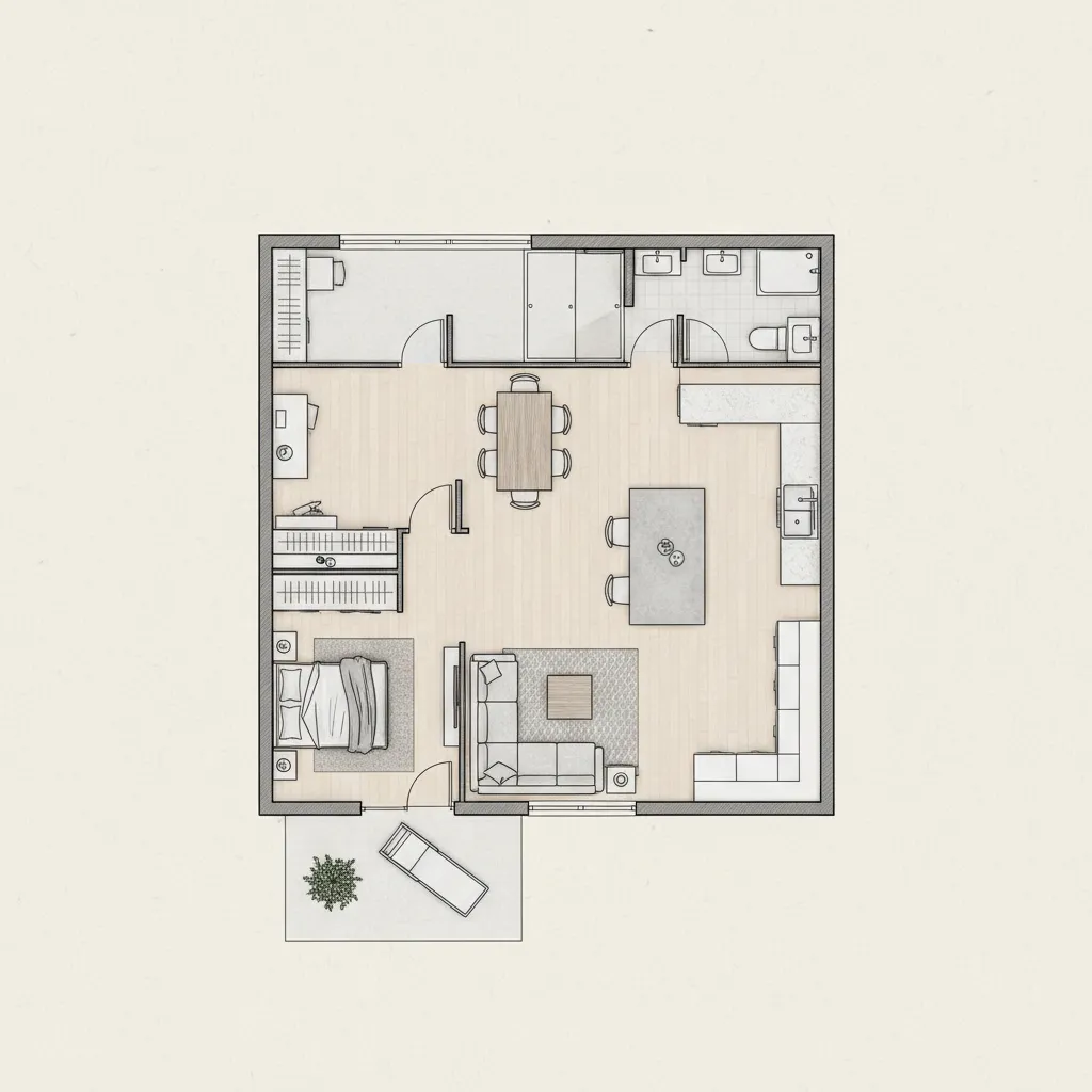 Plano de distribución de una casa rectangular pequeña con espacios abiertos