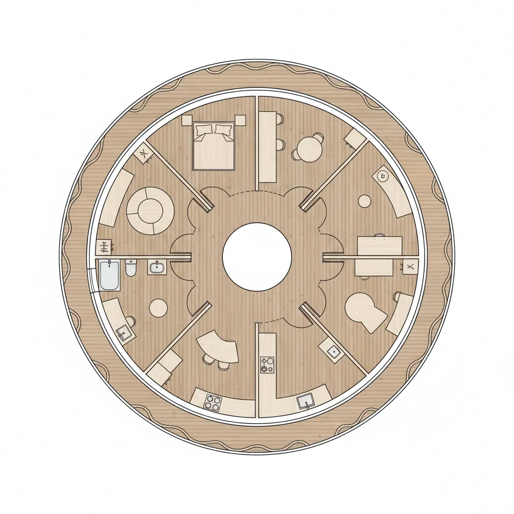 Plano arquitectónico de una casa circular con distribución radial