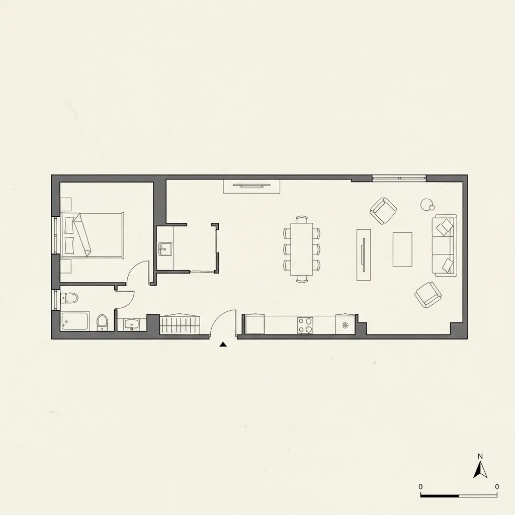 Plano simple de casa rústica económica con distribución rectangular