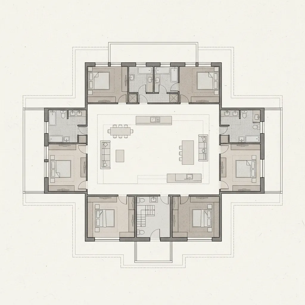 Plano conceptual de casa subterránea con patio central