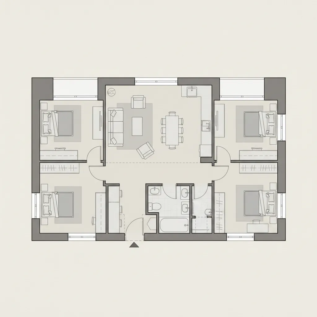 planta baixa de casa T3 com sala cozinha e três quartos