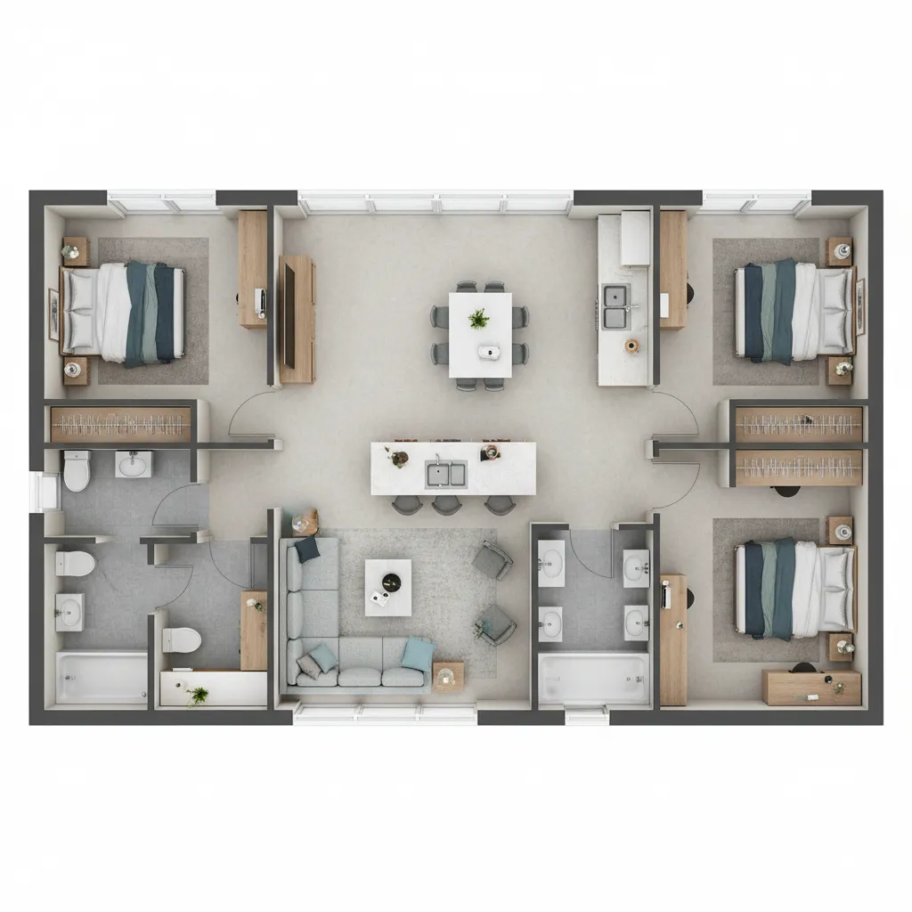 planta casa T3 com sala e cozinha integradas