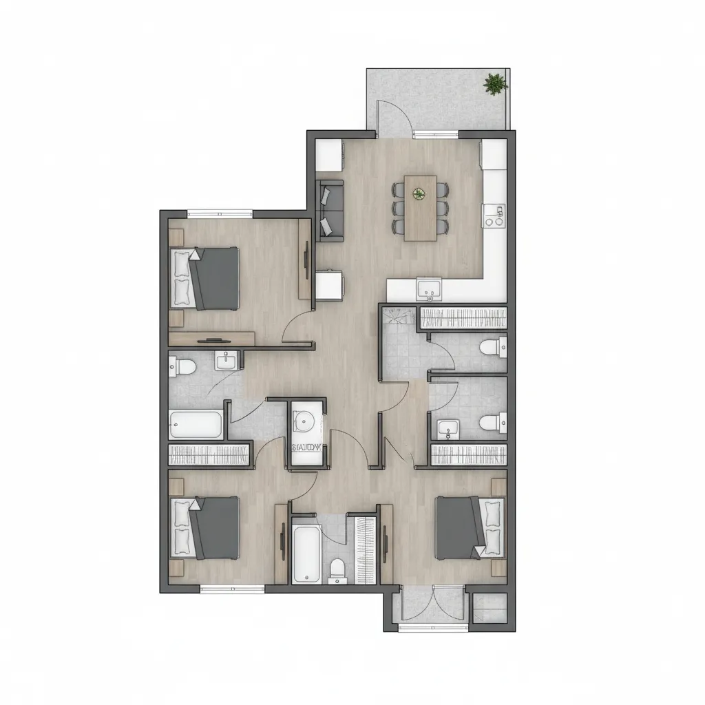 planta de casa térrea com 3 quartos adaptada para terreno estreito