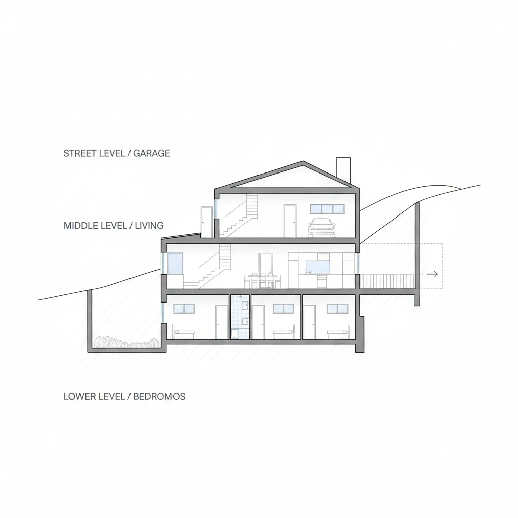 Esquema arquitetônico mostrando níveis de uma casa em terreno inclinado