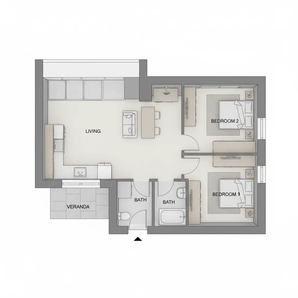 Planta de Casas com Varanda e 2 Quartos
