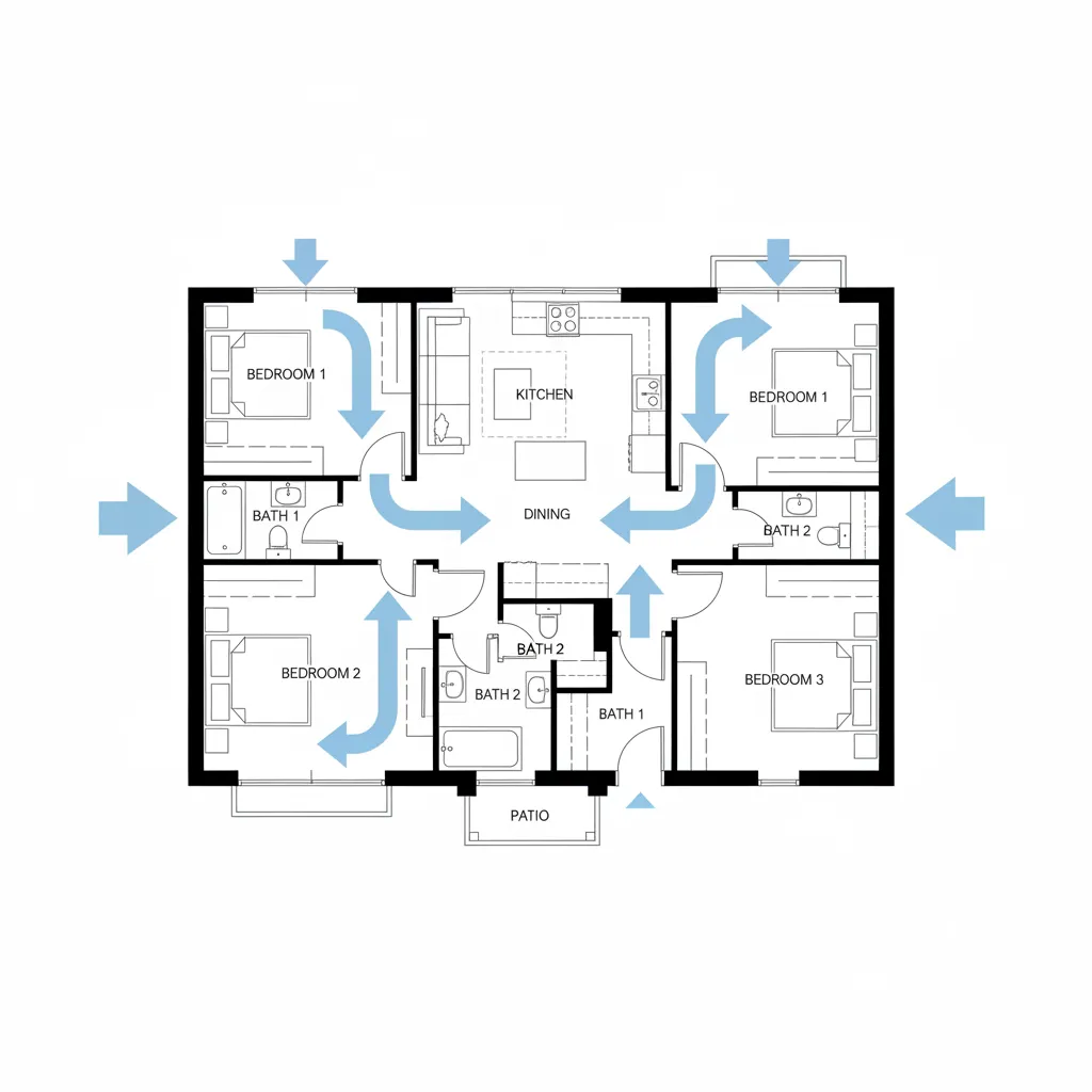 diagrama de circulação em planta de casa com três quartos