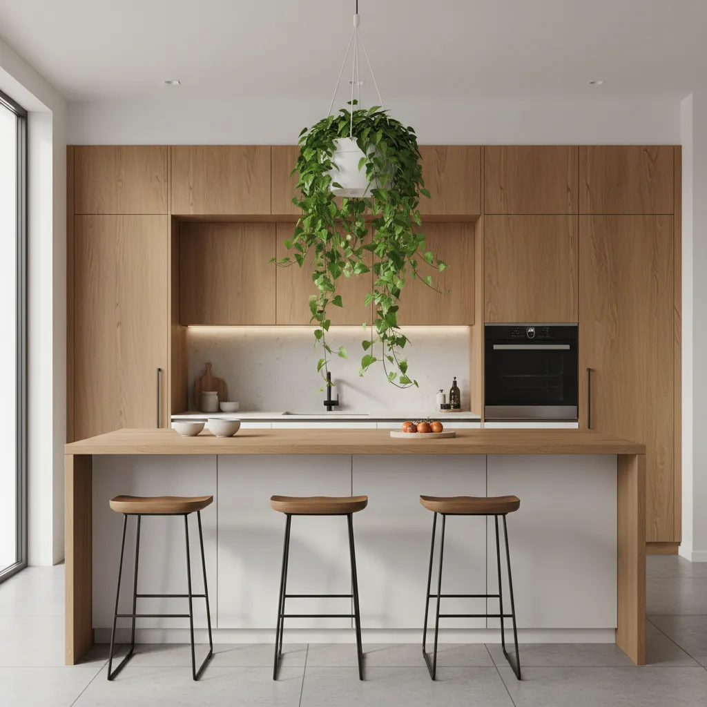 Planta colgante decorando una cocina moderna sobre una barra