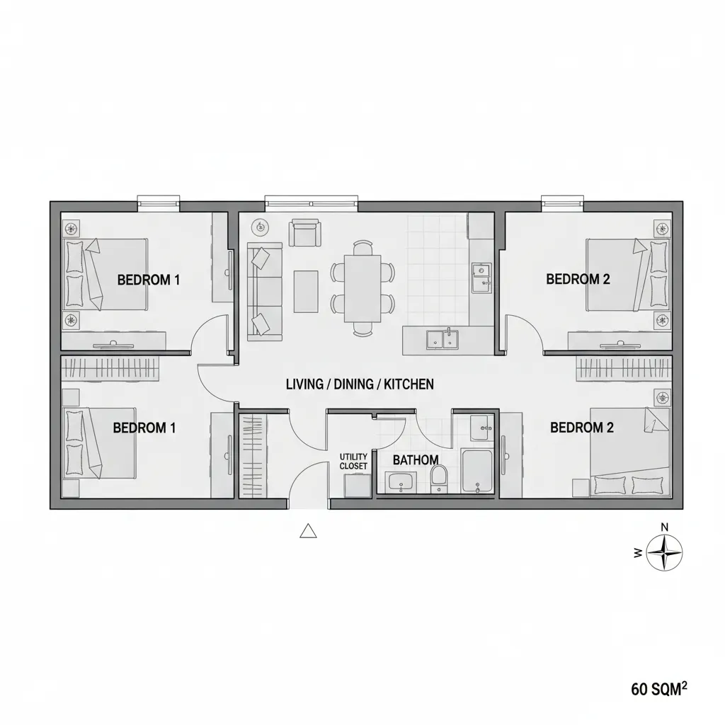 planta baixa mostrando distribuição de casa 60m2 com dois quartos