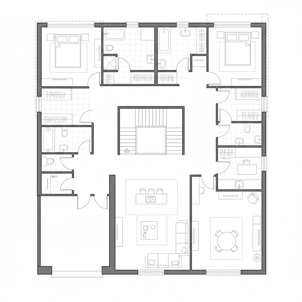 planta de casa com escada em L mostrando circulação
