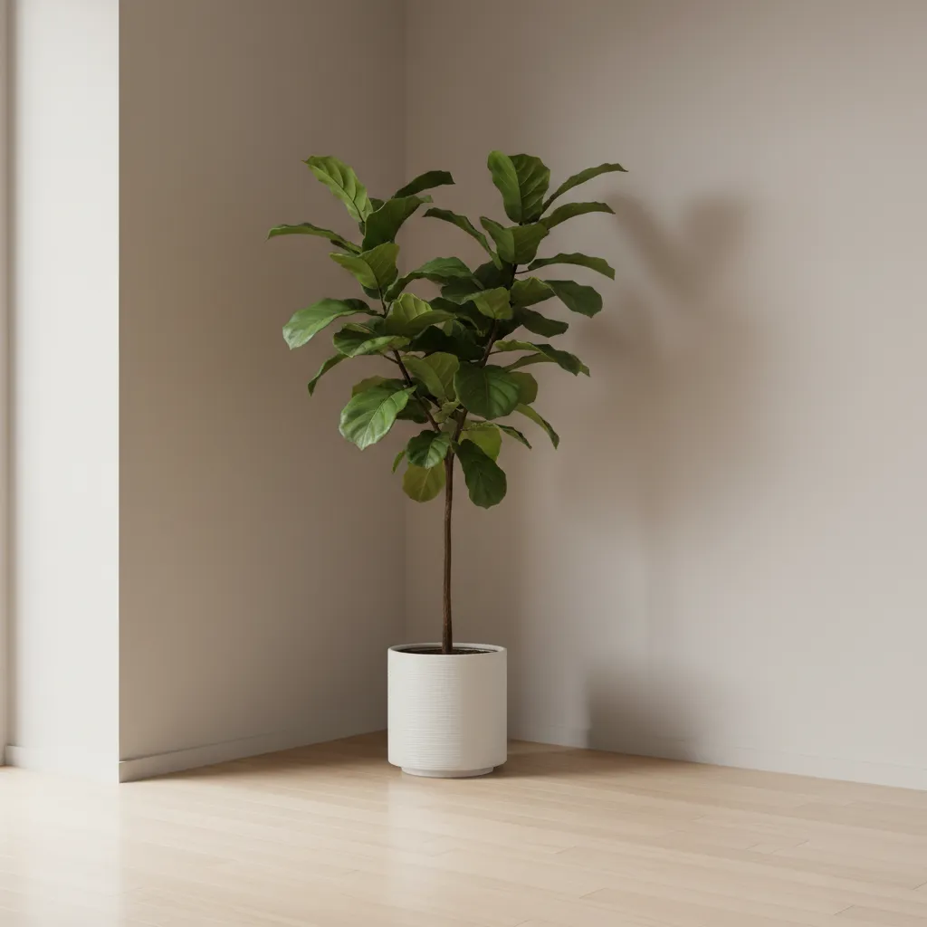 Large green indoor plant in white pot standing in the corner of a bright empty room