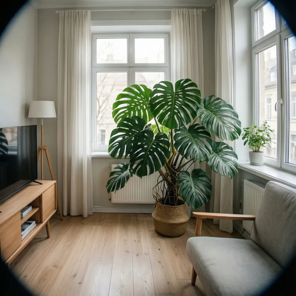 Planta grande decorando un apartamento pequeño cerca de la ventana