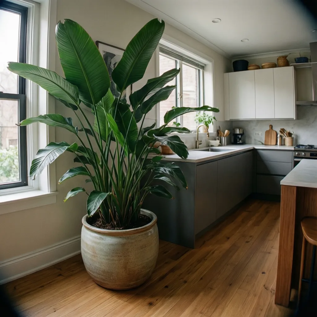 Cocina con una planta grande decorativa en una esquina