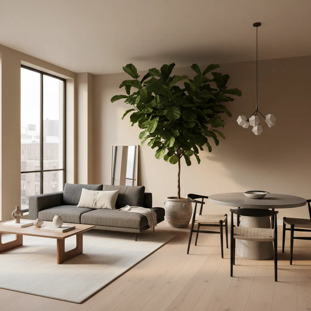 Planta grande usada como separador visual entre salón y comedor