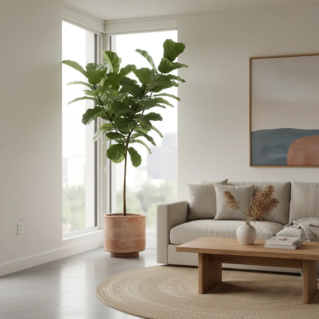 Planta grande decorando una esquina cerca de una ventana