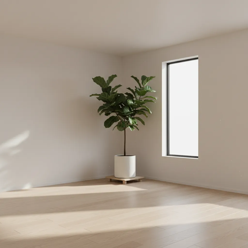 Planta grande decorativa en la esquina de una sala