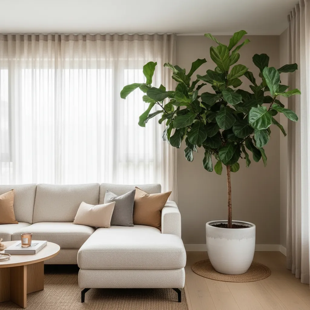 Planta grande decorando una esquina del salón junto al sofá