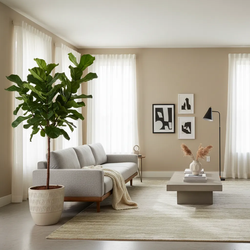 Planta interior grande colocada junto a un sofá en salón moderno